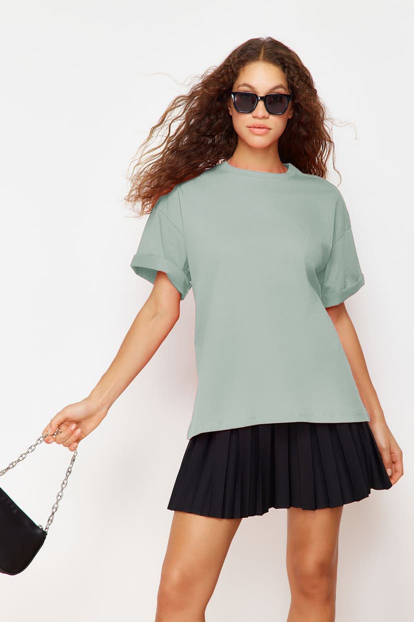 Mint %100 Pamuk Premium Oversize/Geniş Kalıp Bisiklet Yaka Örme T-Shirt