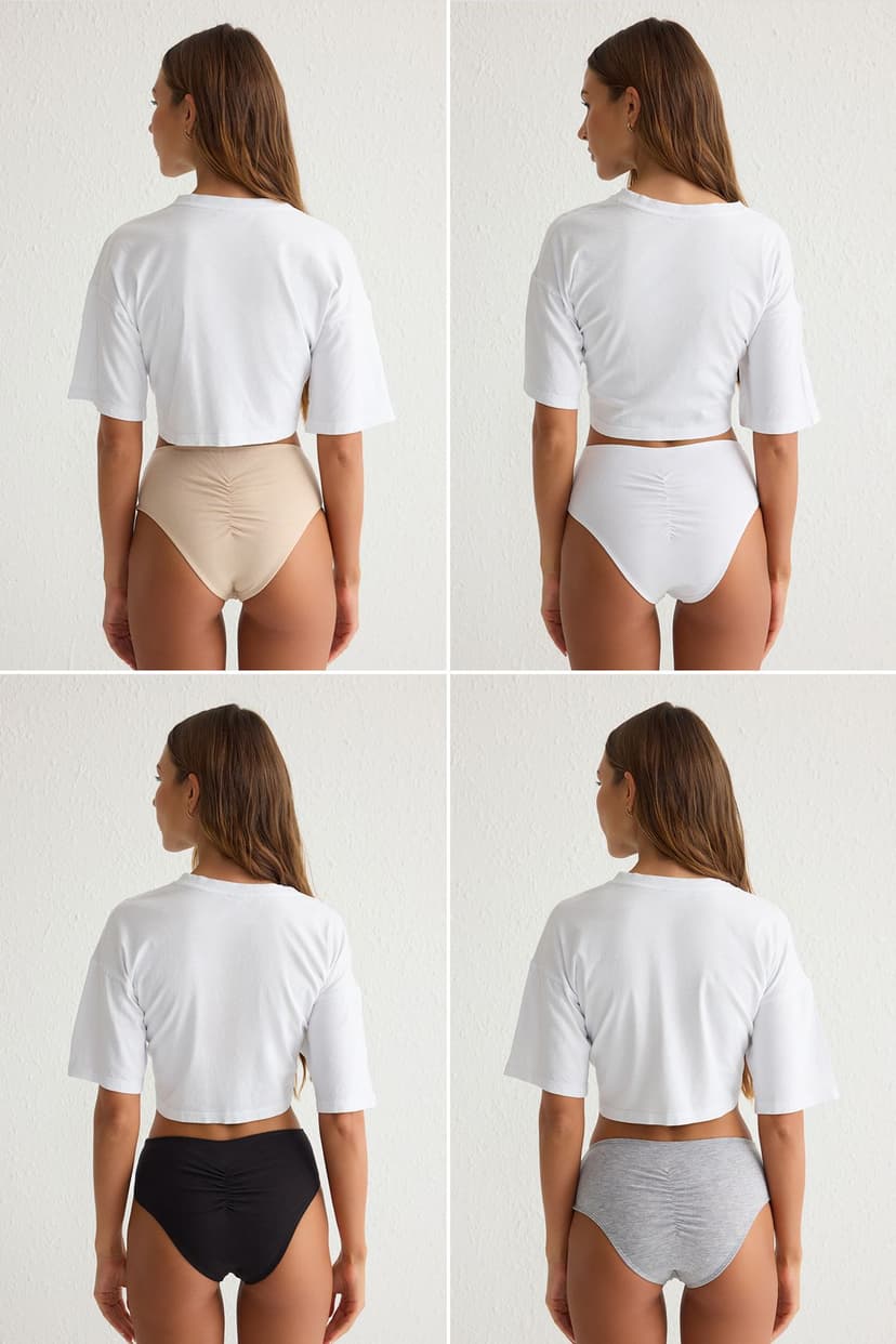 Siyah-Beyaz-Çok Renkli 4'lü Paket Pamuklu Büzgü Detaylı Hipster Örme Külot