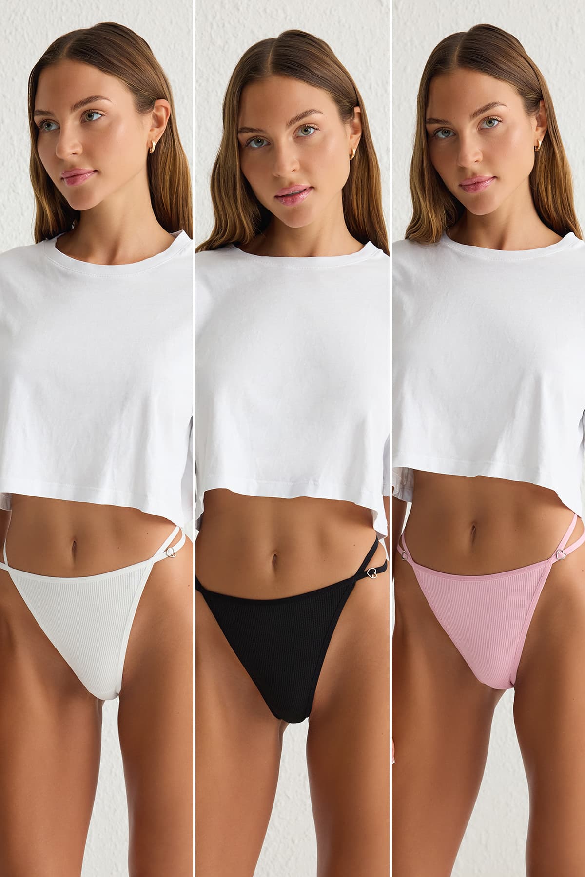 Siyah-Pembe-Beyaz 3'lü Paket Kalpli Aksesuar Detaylı Fitilli Tanga Örme Külot