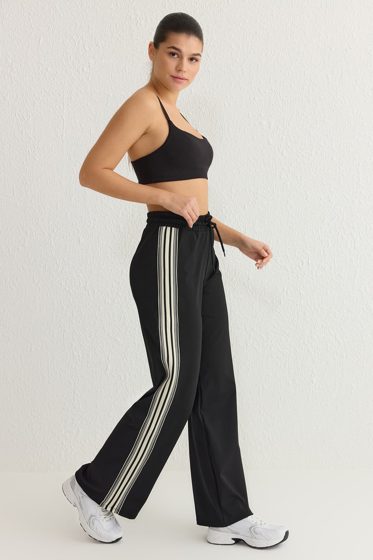 Siyah Çizgili Dalgıç/Scuba Kumaş Spor Örme Eşofman Altı