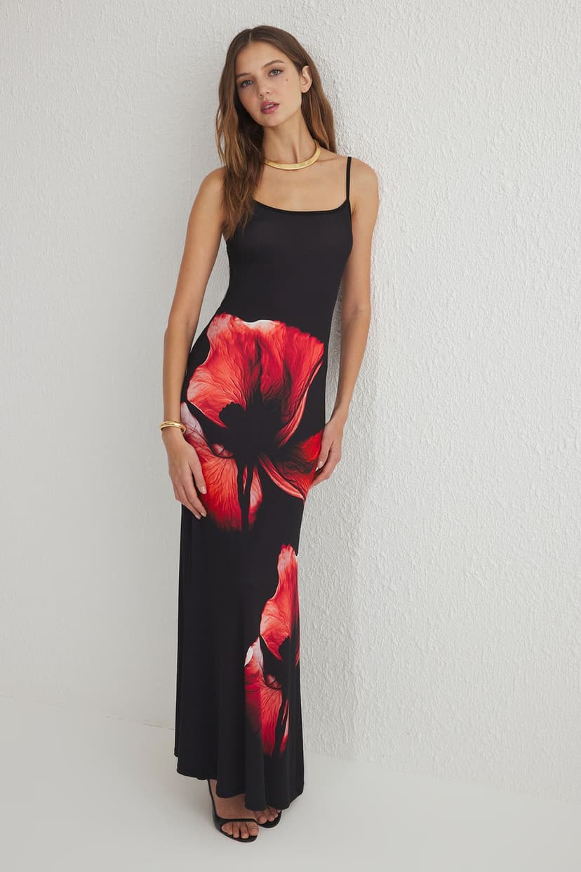 Siyah*001 Çiçek Baskılı Maxi Bodycone/Vücuda Oturan Askılı Esnek Örme Elbise
