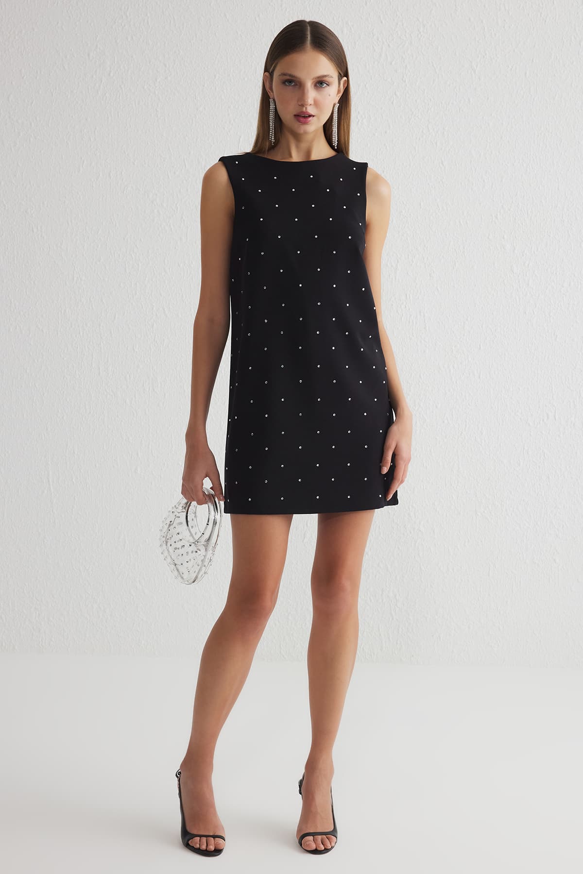 Siyah Parlak Taş Basklı Süper Mini Abiye Gece Mezuniyet Elbisesi