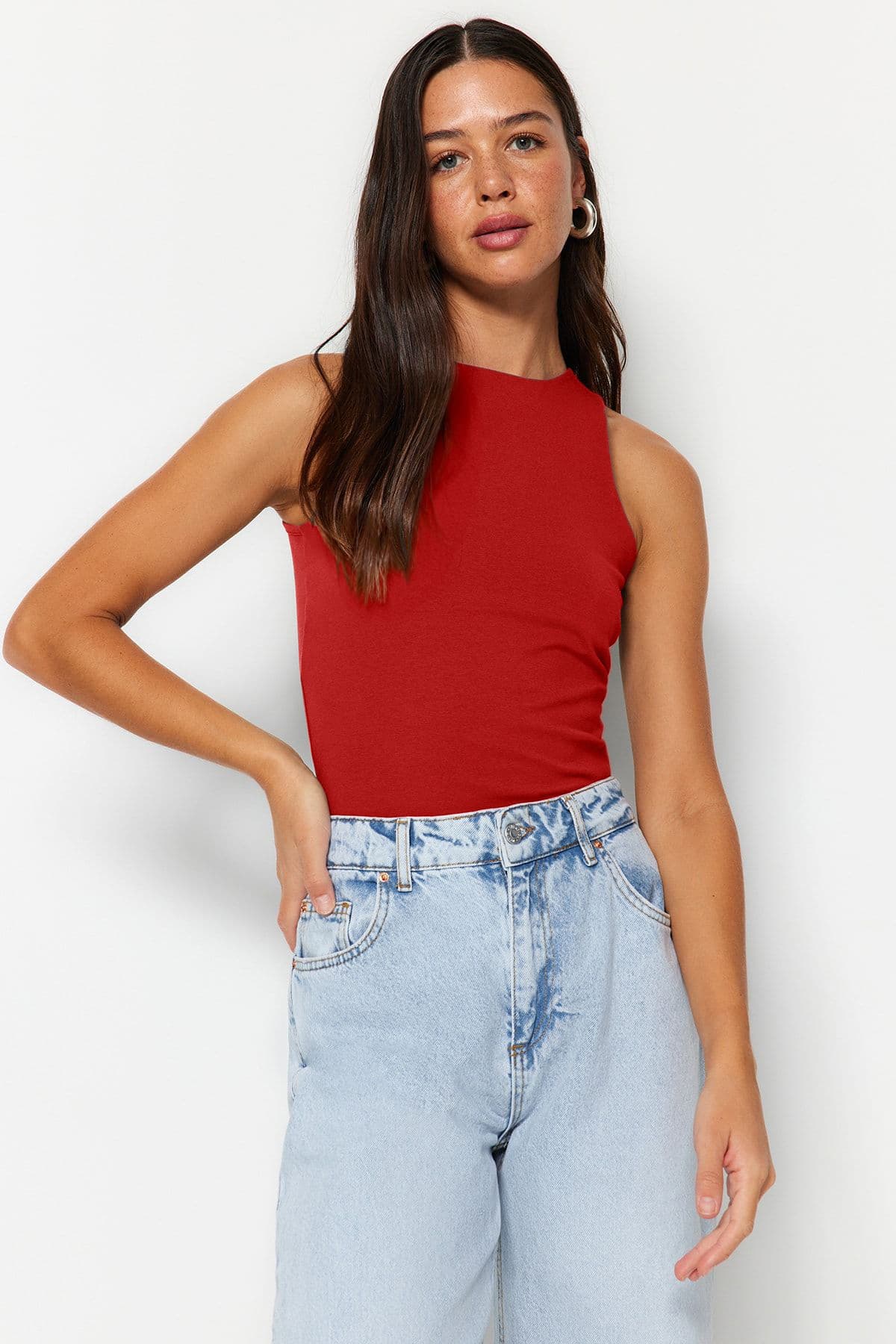 Kırmızı Pamuklu Halter Yaka Fitted/Vücuda Oturan Esnek Örme Atlet