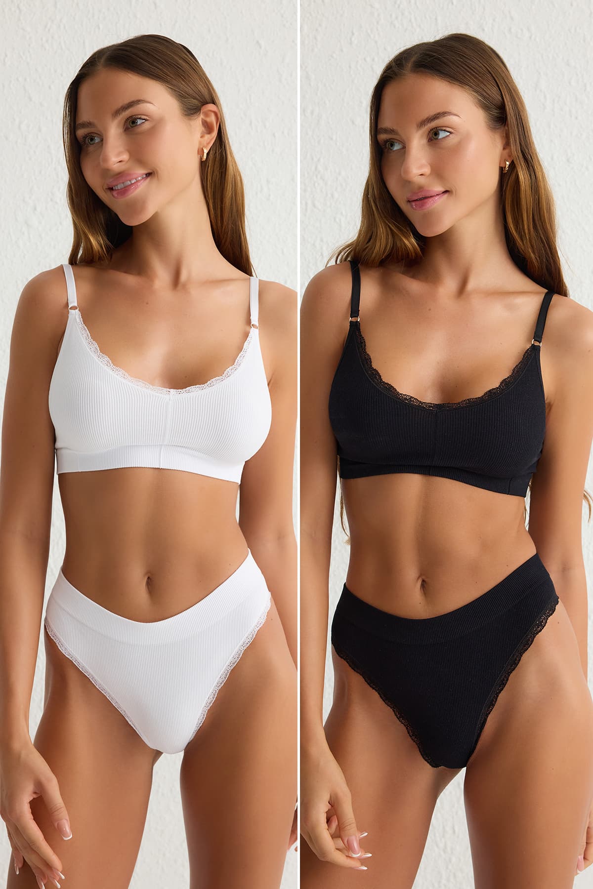 Siyah-Beyaz 2'li Paket Seamless/Dikişsiz Dantel Detaylı Tanga Örme Külot