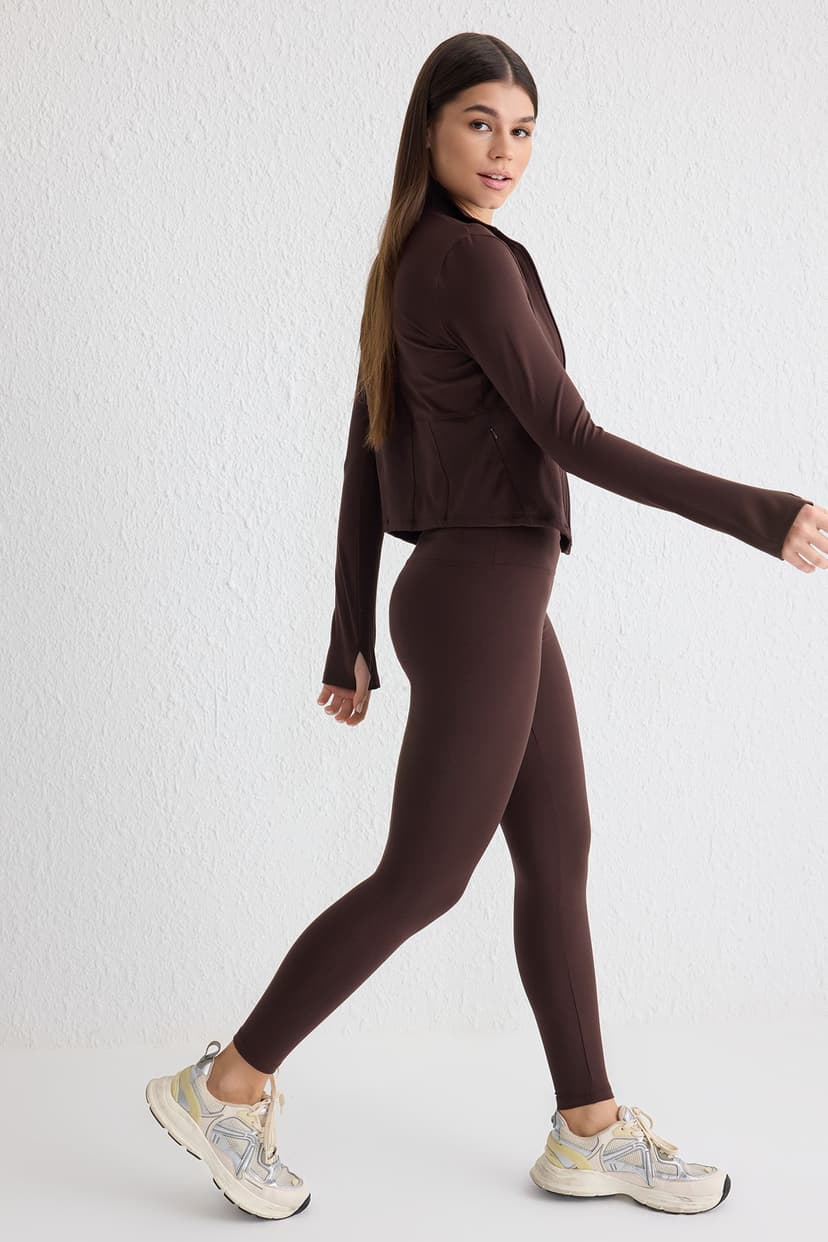 Kahverengi Soft Fırçalı Kumaş Reflektör Baskı Detaylı Tam Boy Örme Spor Tayt