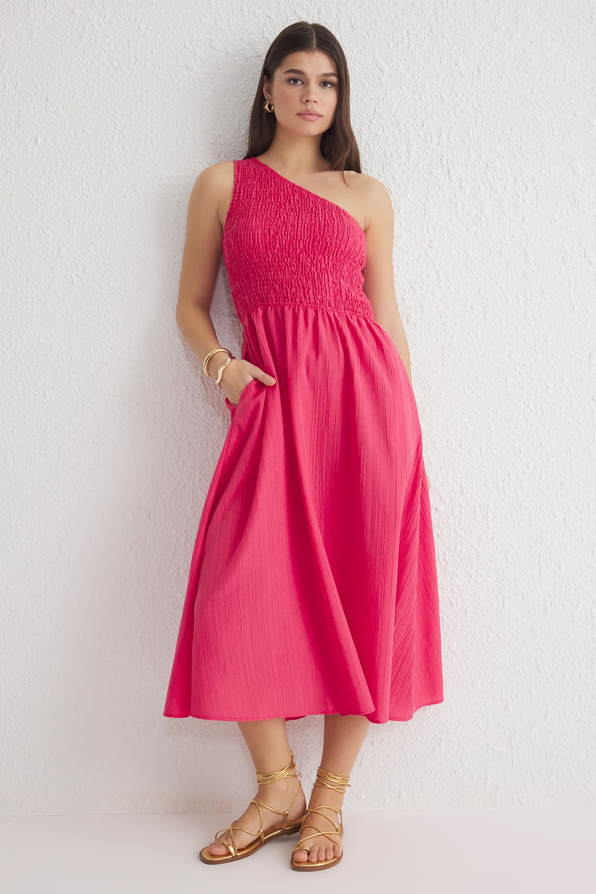 Fuşya Düz Midi Dokuma Elbise