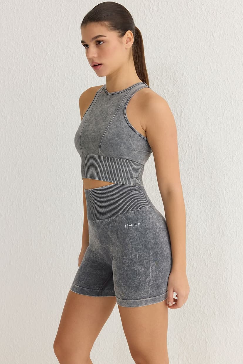 Antrasit Seamless/Dikişsiz Yıkamalı Örme Spor Şort/Kısa Tayt