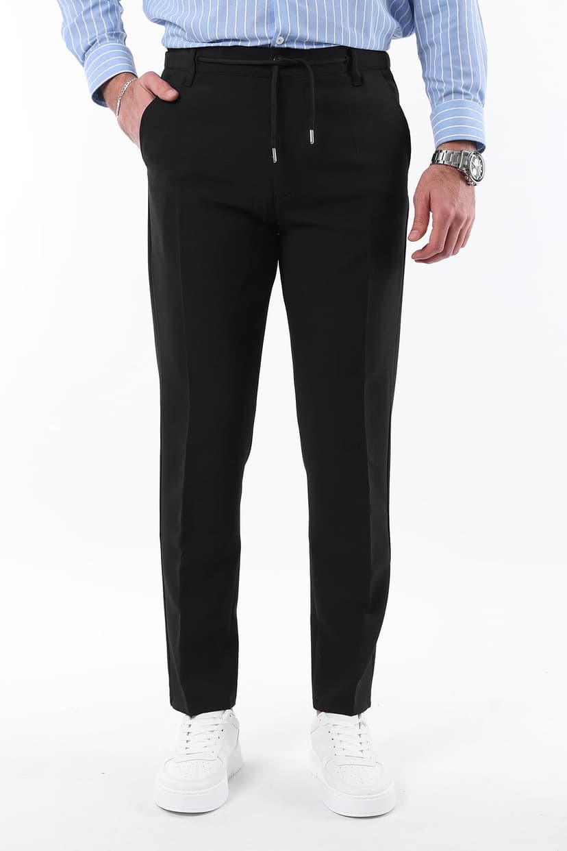 Siyah Slim Fit Beli Bağlama Detaylı Lastikli Kumaş Dokuma Pantolon