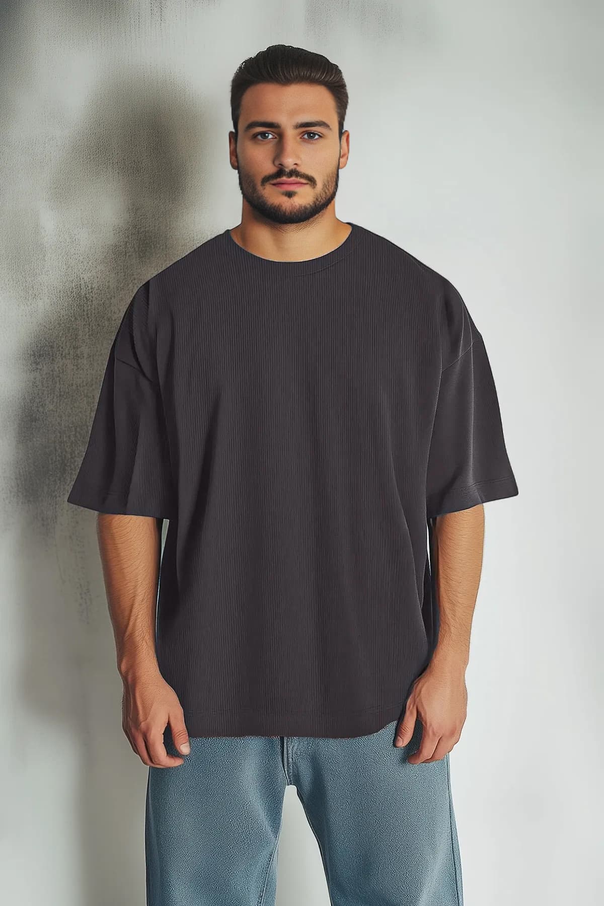 Büyük Beden Basic Gri Oversize/Geniş Kesim Dokulu Kırışmaz Ottoman T-Shirt