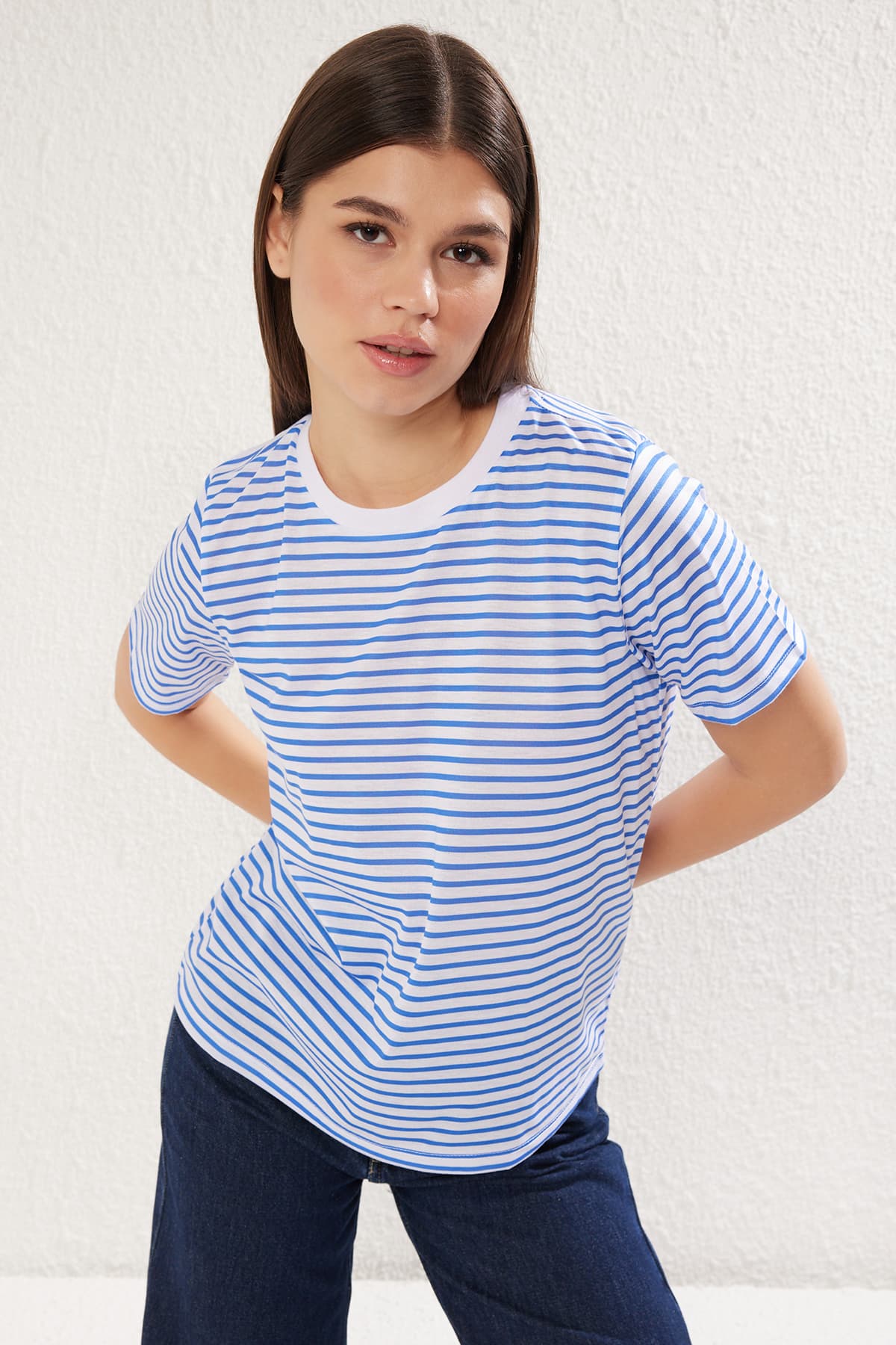 Saks Çizgili Basic Bisiket Yaka Kısa Kol Regular Kalıp Örme T-Shirt