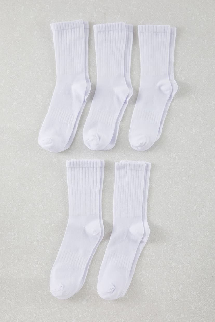 Beyaz Unisex 5'li Paket Pamuklu Dokulu Kolej/Orta Boy Çorap