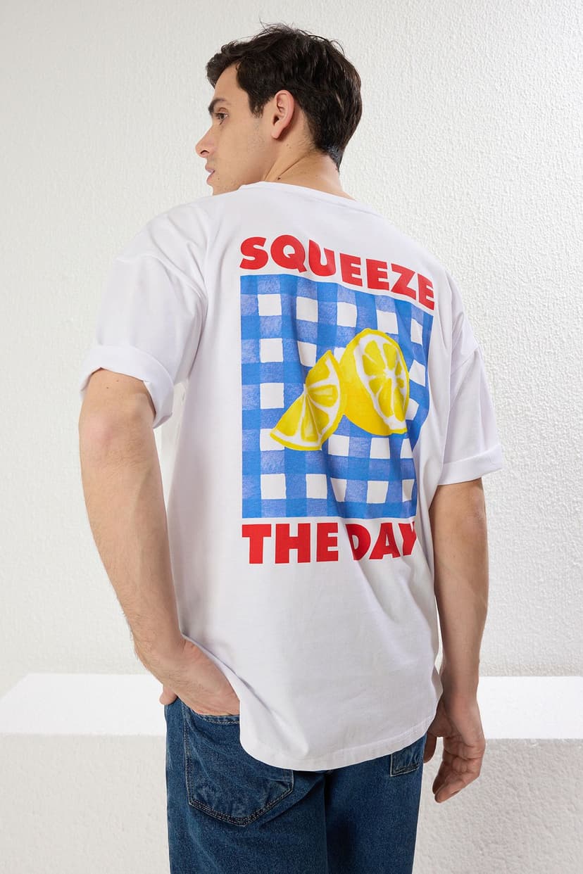 Beyaz Oversize/Geniş Kesim Limon Baskılı %100 Pamuklu T-Shirt