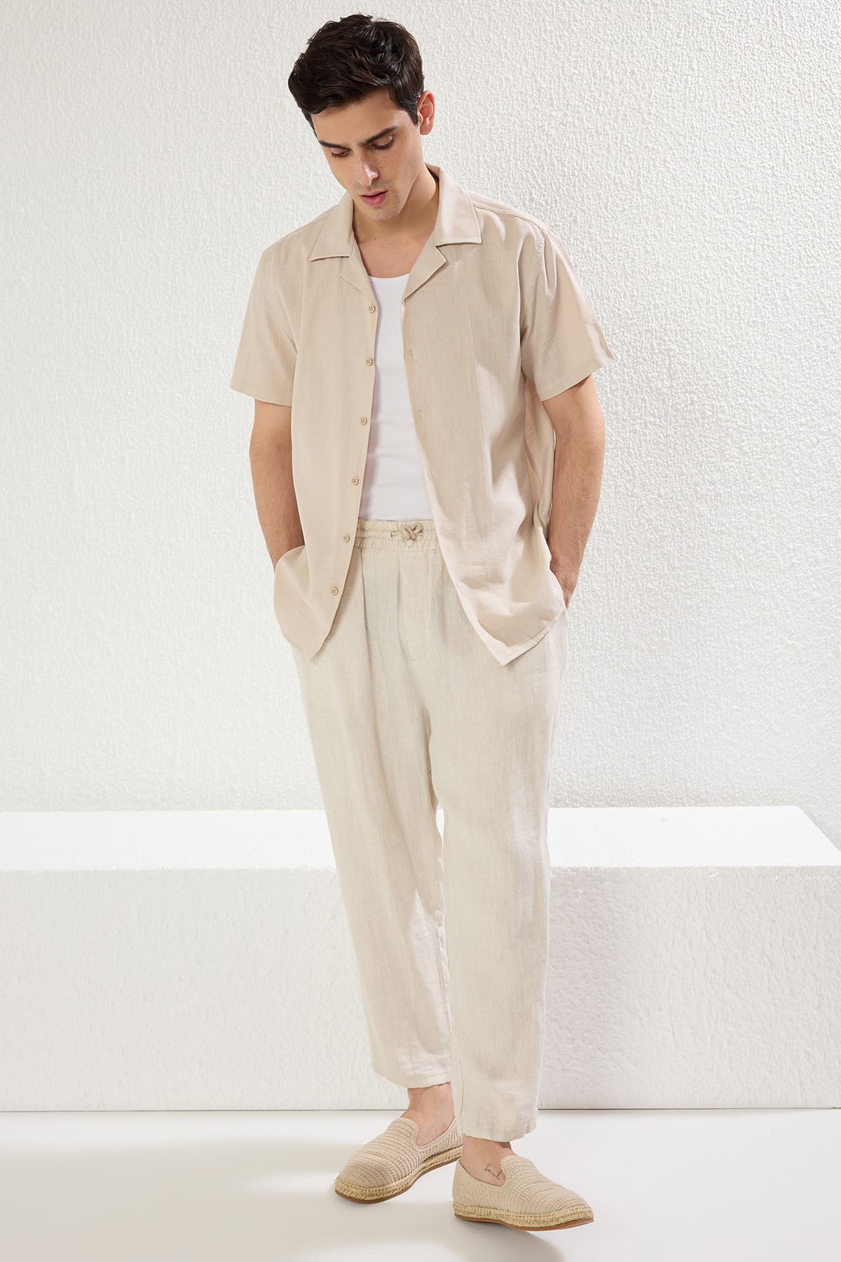 Vizon Unisex Relaxed Fit Kısa Kollu Keten Görünümlü Gömlek