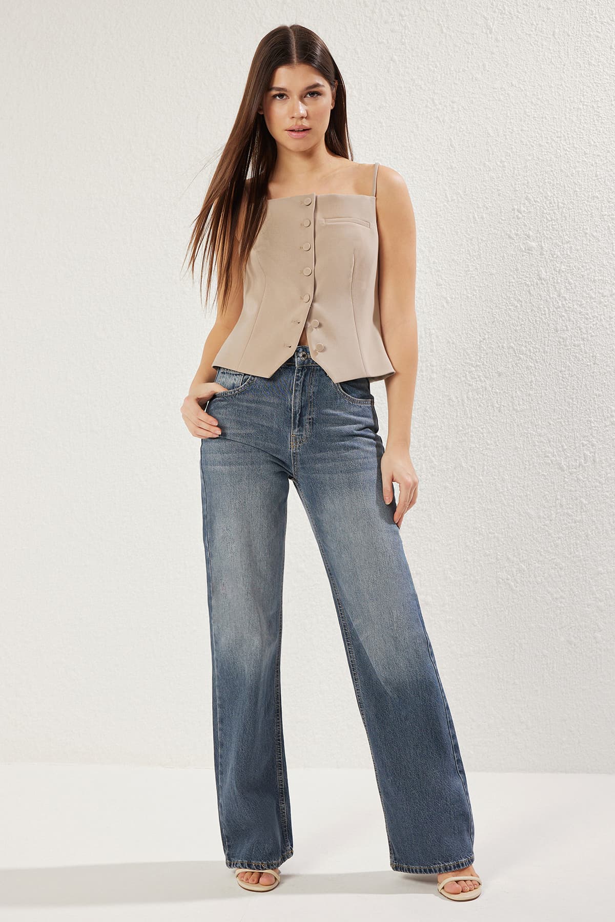 Indigo Yüksek Bel Wide Leg Jeans