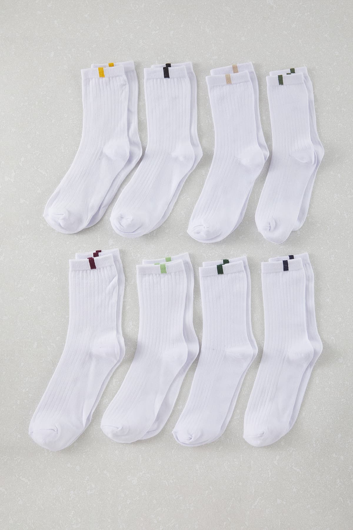 Beyaz 8'li Paket Unisex Pamuklu Dokulu Renk Bloklu Soket-Uzun Çorap