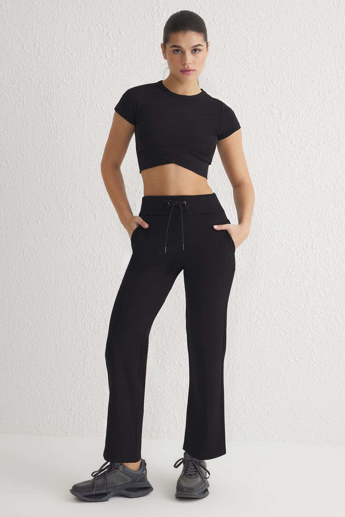 Siyah Dalgıç/Scuba Kumaş Cepli ve Bağlamalı Spor Örme Eşofman Altı