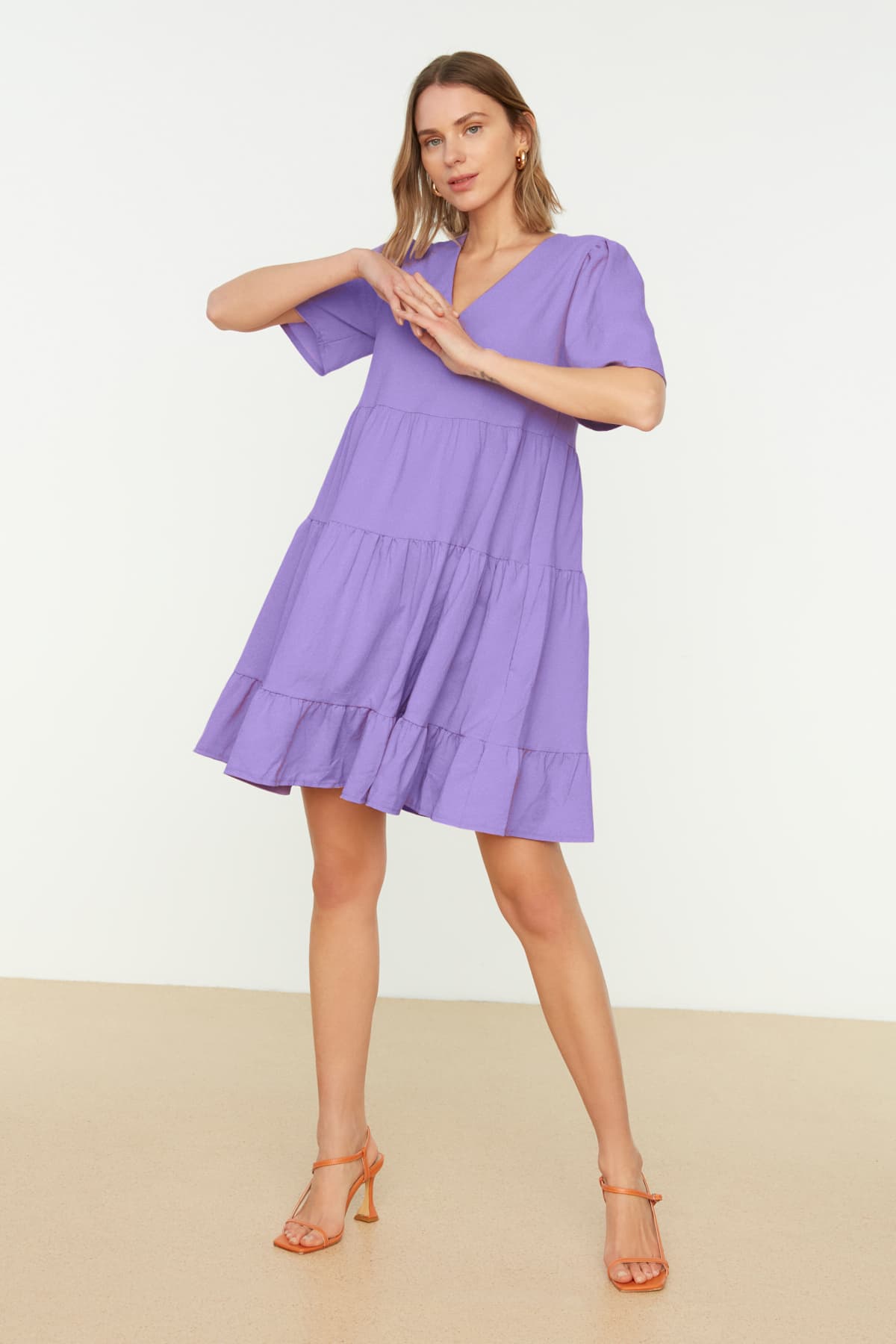 Lila Geniş Kesim V Yaka Mini Dokuma Elbise