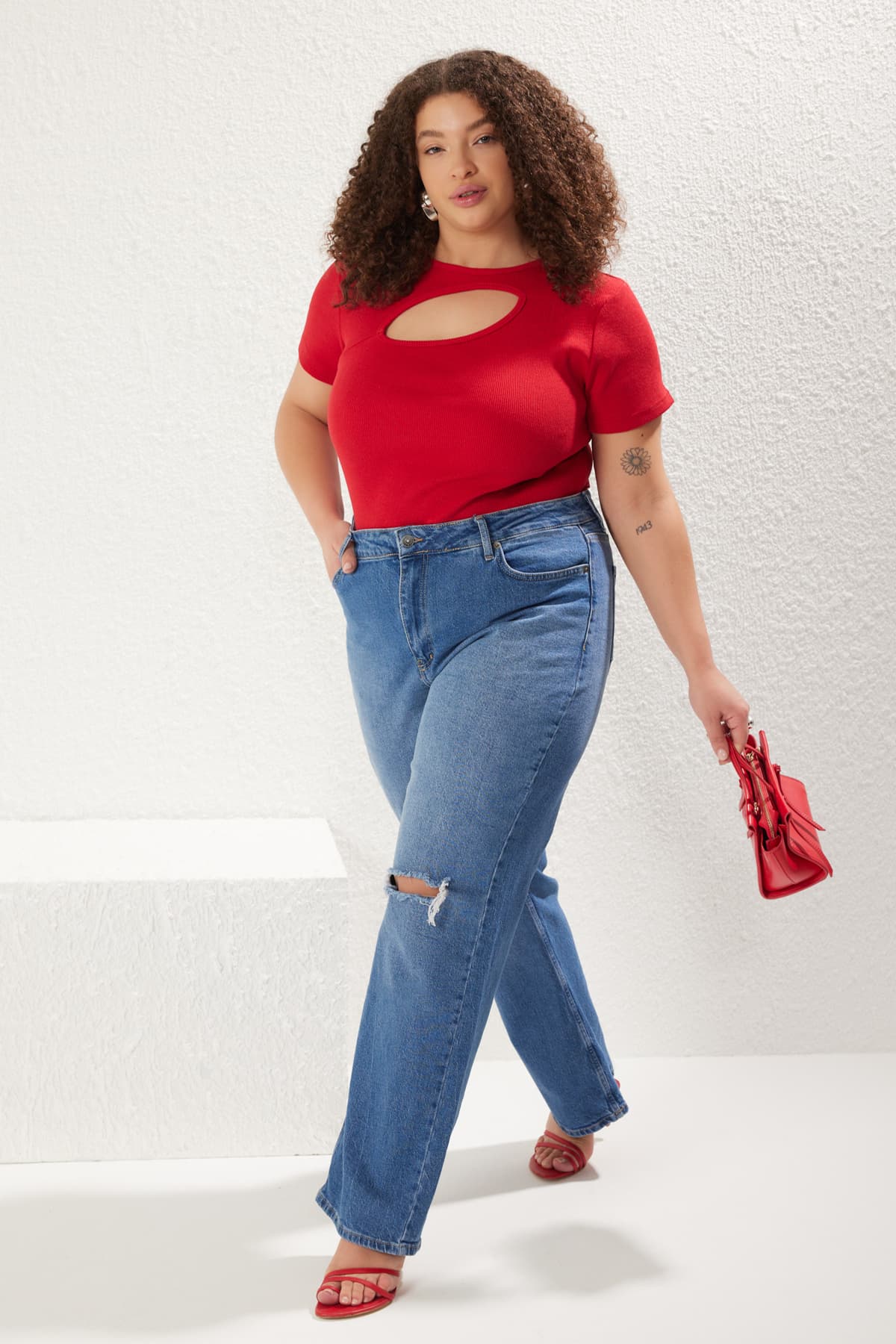 Trendyolmilla Curve Kırmızı Kaşkorse Örme Büyük Beden Bluz