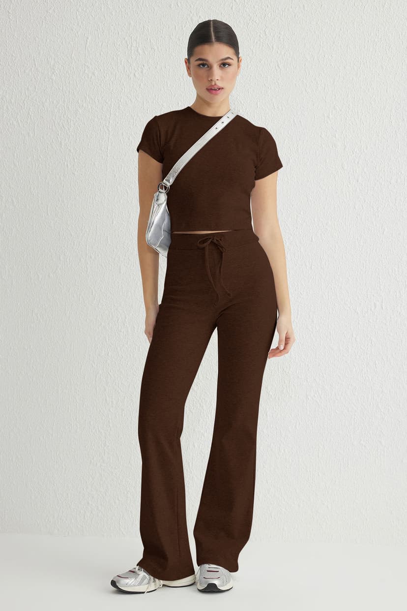 Trendyolmilla Kahverengi Fitted/Vücuda Oturan Esnek  Örme Alt-Üst Takım TWOSS25AU00053