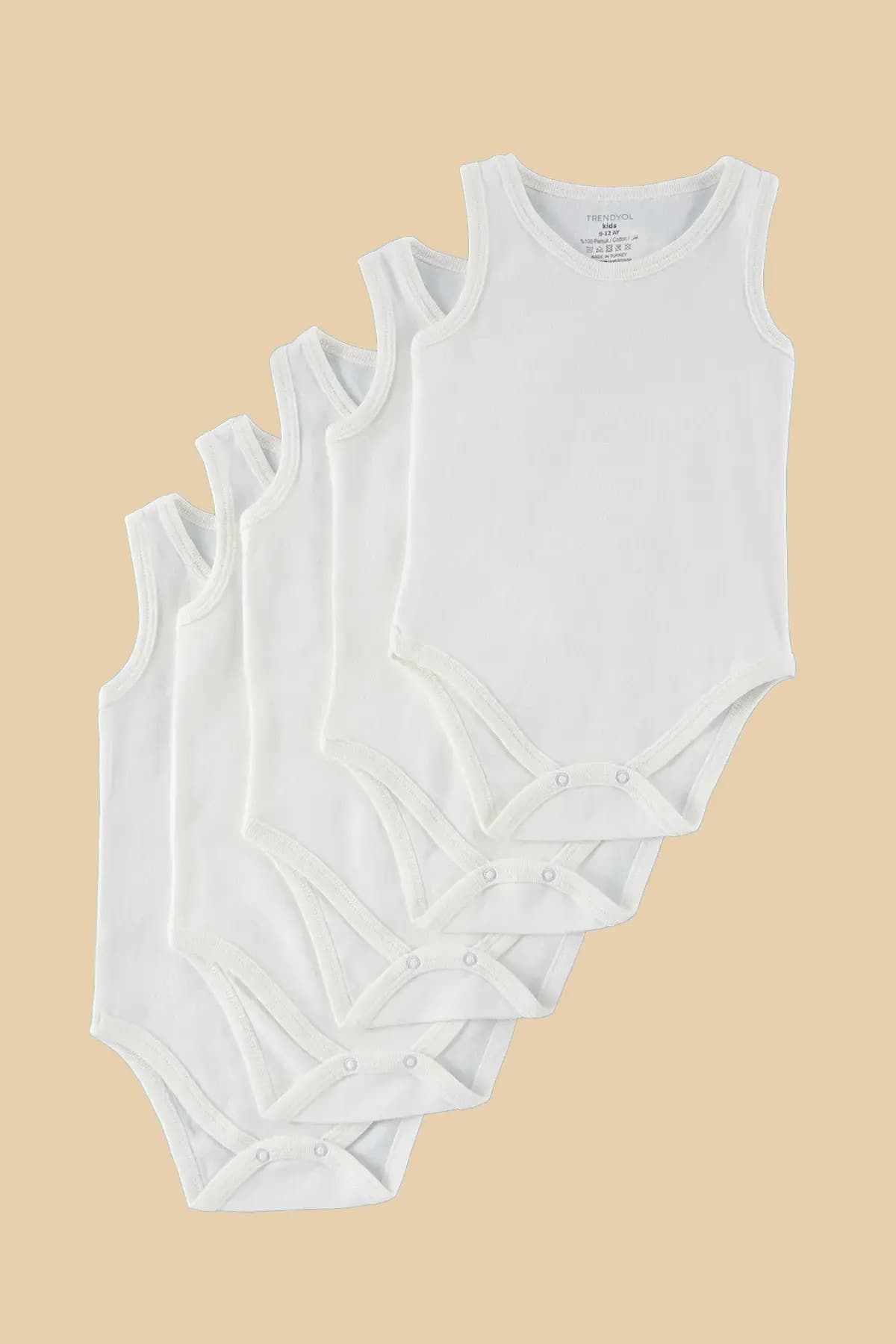 Trendyolmilla Kids Beyaz 5'li Unisex Bebek %100 Pamuk Regular/Normal Kalıp Kolsuz Çıtçıtlı Body Zıbın TKDAW25ZO00000