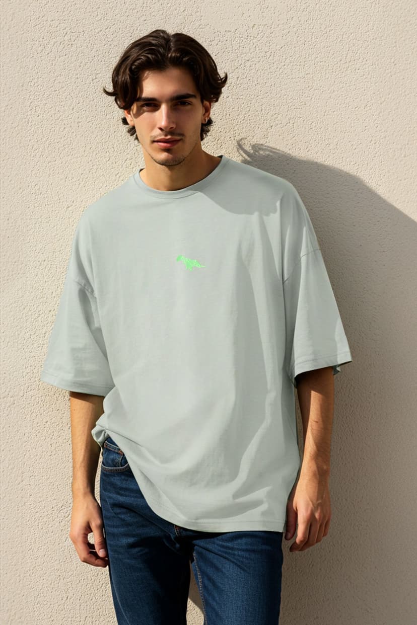 Gri Oversize/Geniş Kesim Kısa Kol Dinozor Nakışlı %100 Tok Kumaş T-shirt