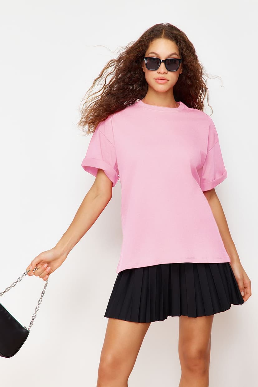 Açık Pembe %100 Pamuk Premium Oversize/Geniş Kalıp Bisiklet Yaka Örme T-Shirt
