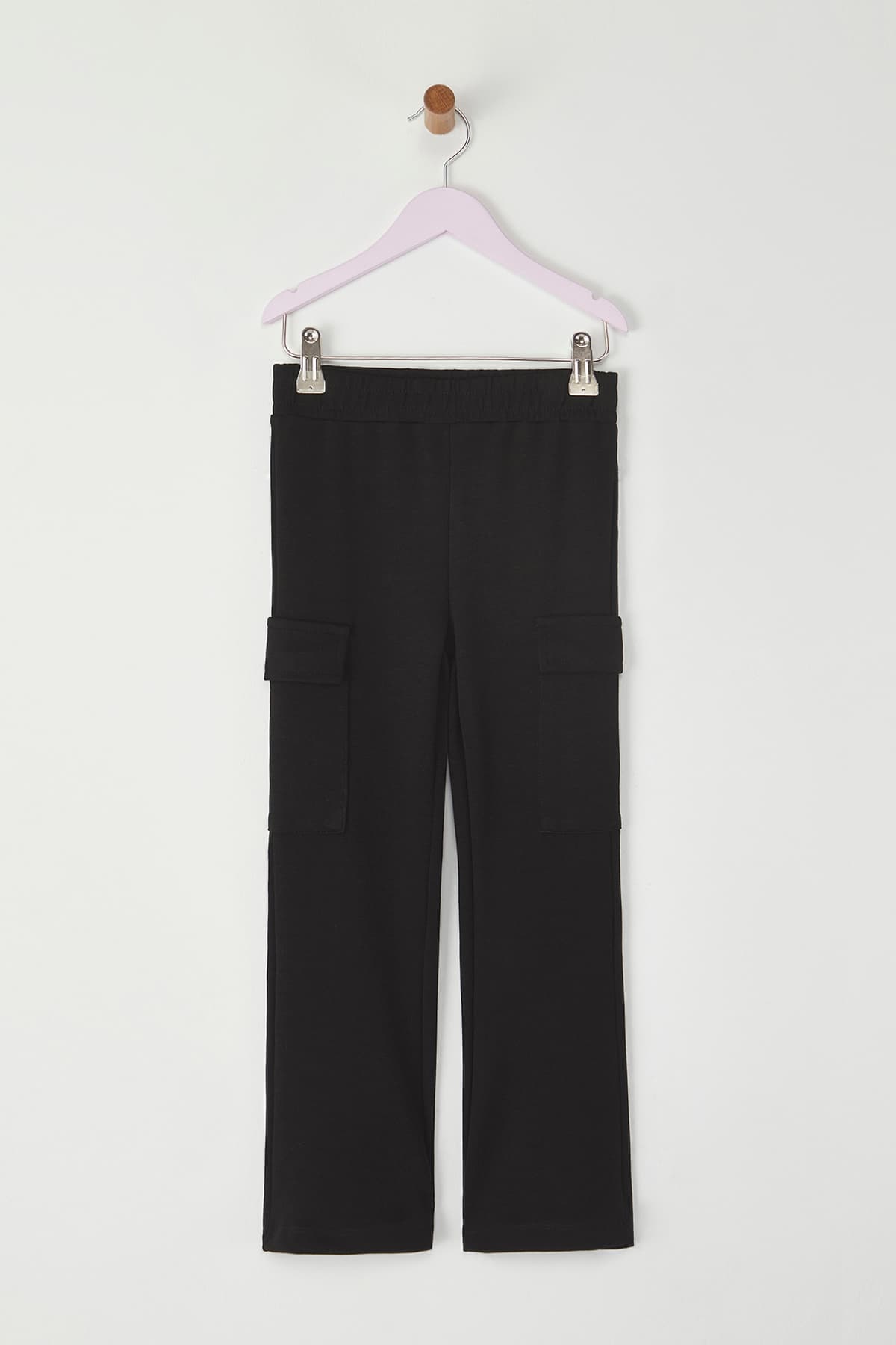 Siyah Kız Çocuk Kargo Cepli Flare Viskon Basic Örme Pantolon