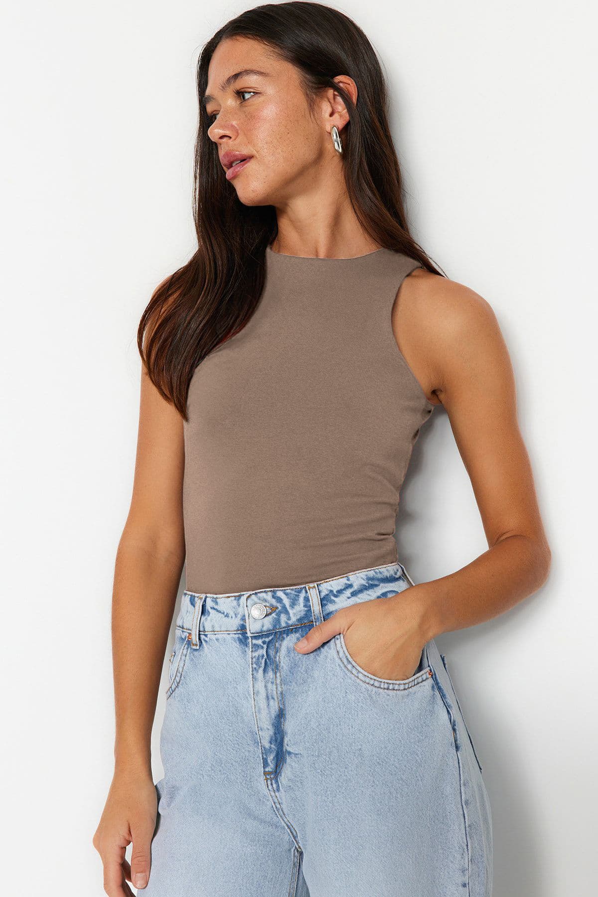 Vizon Pamuklu Halter Yaka Fitted/Vücuda Oturan Esnek Örme Atlet