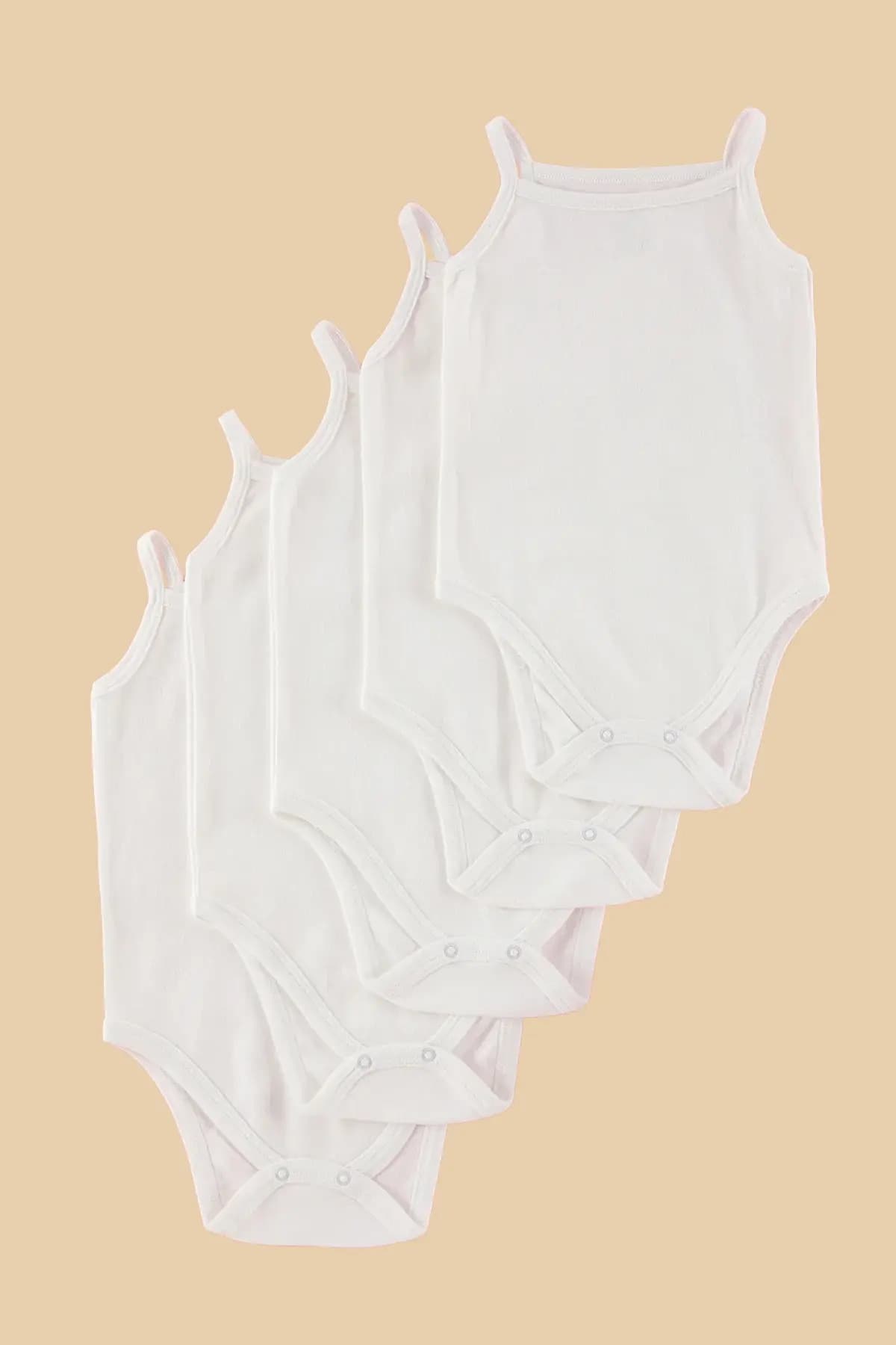 Trendyolmilla Kids Beyaz 5'li Unisex Bebek %100 Pamuk Regular/Normal Kalıp Askılı Çıtçıtlı Body Zıbın TKDAW25ZO00001