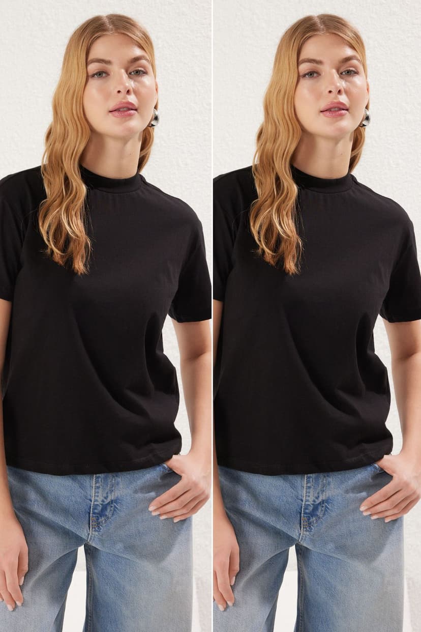 Siyah-Siyah 2'li Paket %100 Pamuk Basic Dik Yaka Örme T-Shirt