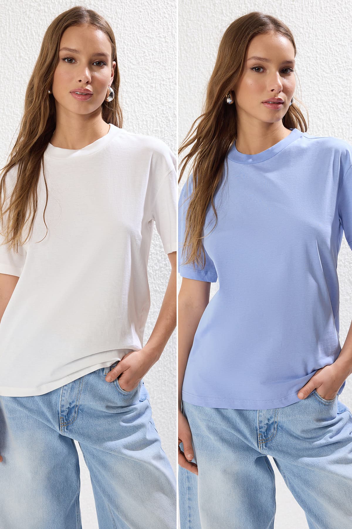 Ekru-Mavi 2'li Paket %100 Pamuk Basic Dik Yaka Örme T-Shirt