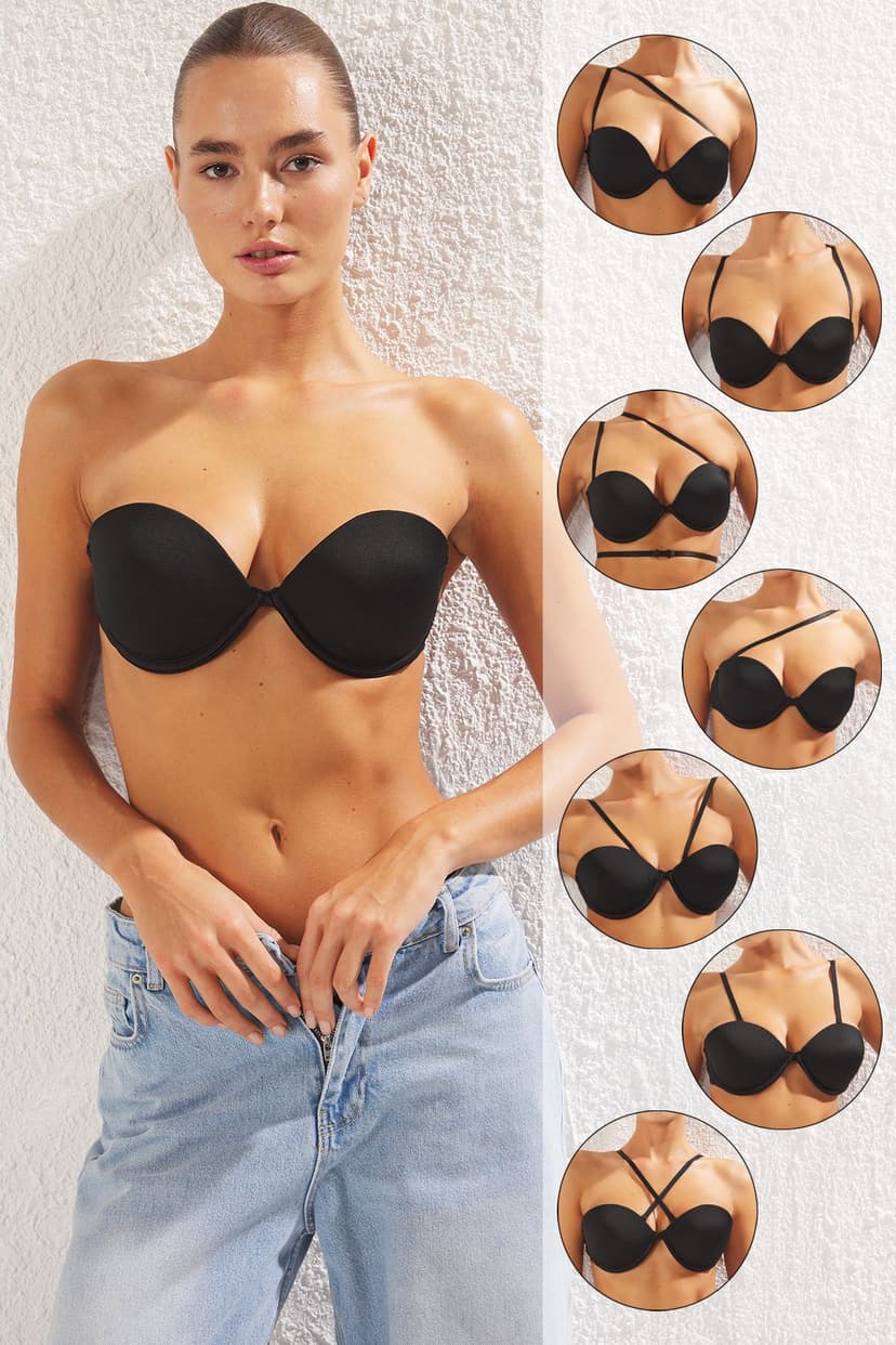 Siyah Micro 30 Farklı Bağlamalı Destekli Straplez Örme Sütyen