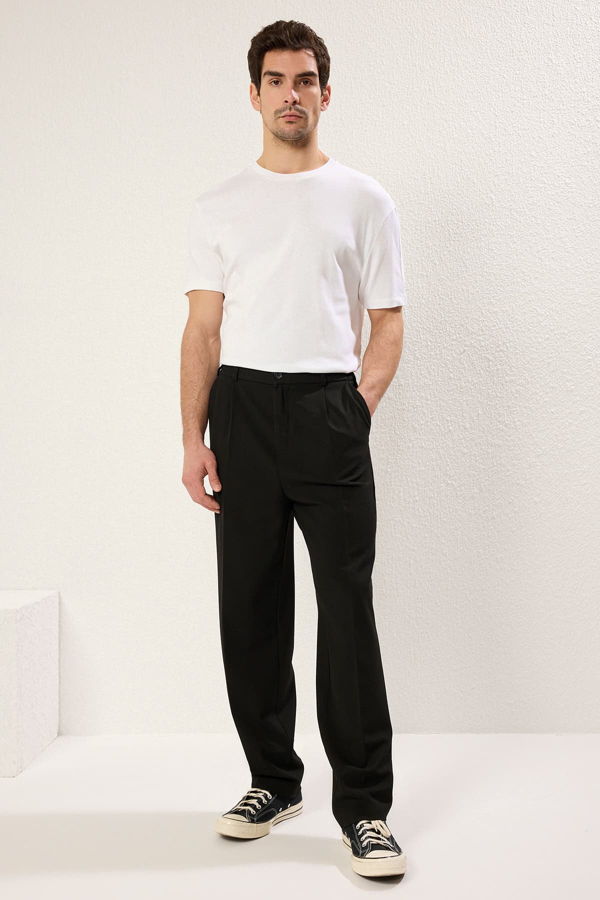 Siyah Wideleg Baggy Rahat Kalıp Dokuma Kumaş Pantolon