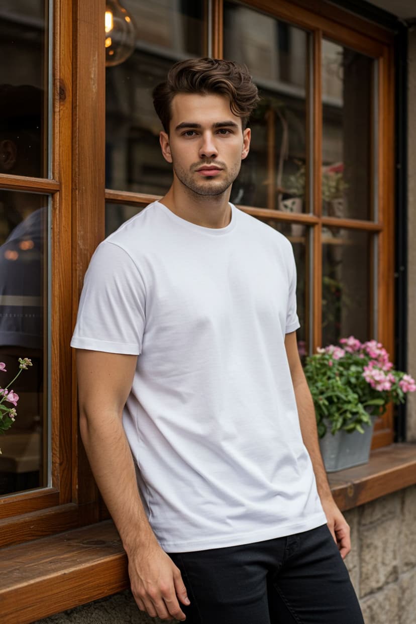 Beyaz Slim/Dar Kesim Kısa Kollu %100 Pamuklu Bisiklet Yaka T-Shirt
