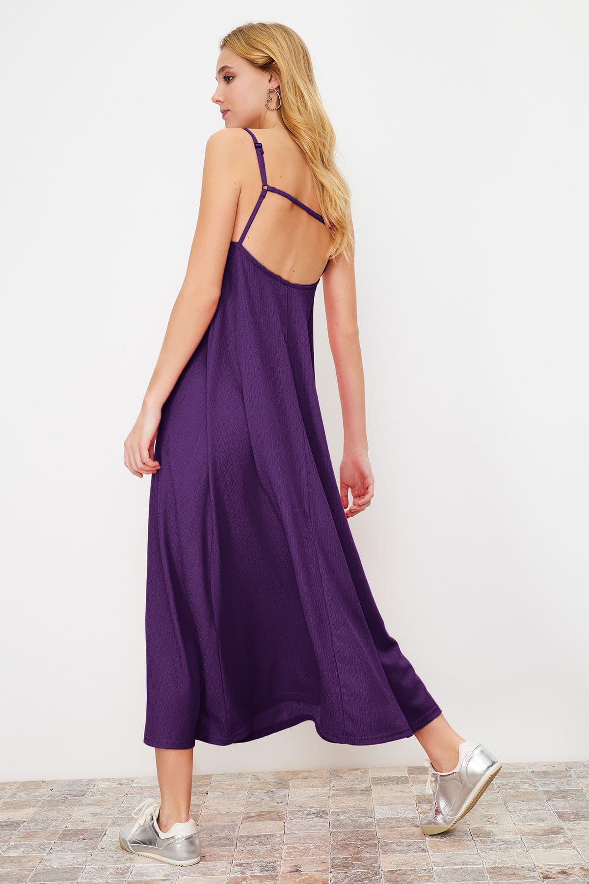 Mor Ayarlanabilir Askılı Kare Yaka A-Line Bürümcük/Dokulu Örme Maxi Elbise