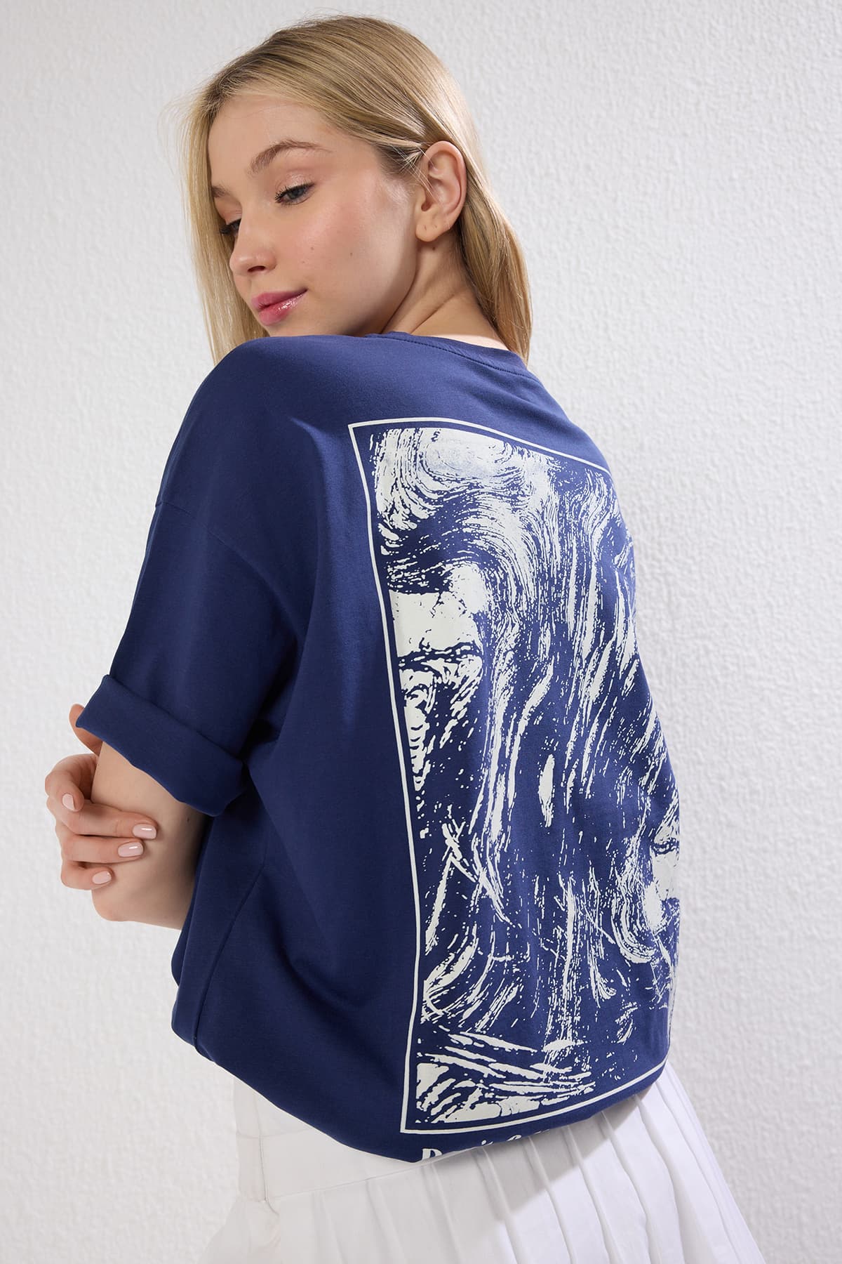 Lacivert %100 Pamuk Sırt ve Ön Baskılı Oversize/Rahat Kesim Örme T-Shirt