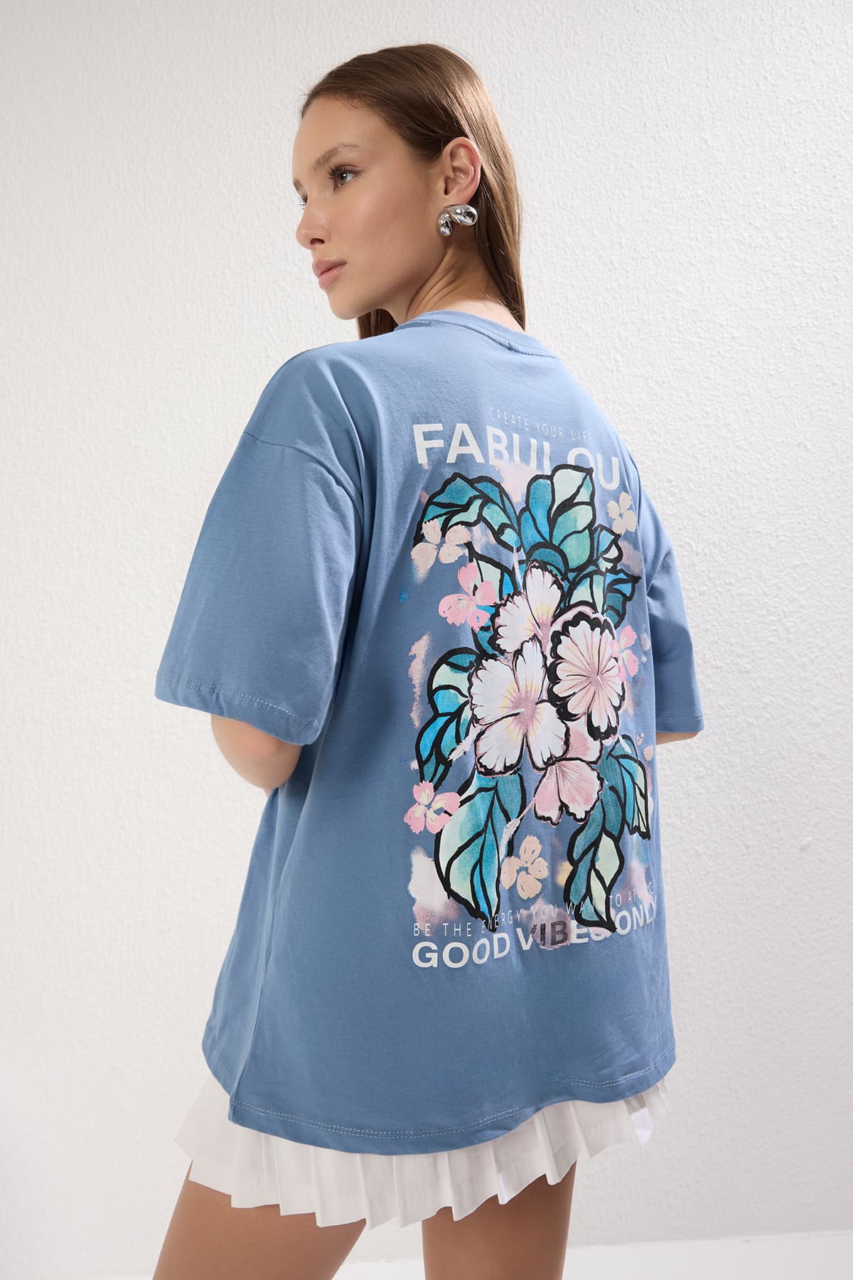 Indigo %100 Pamuk Sırt ve Ön Baskılı Oversize/Geniş Kesim Örme T-Shirt