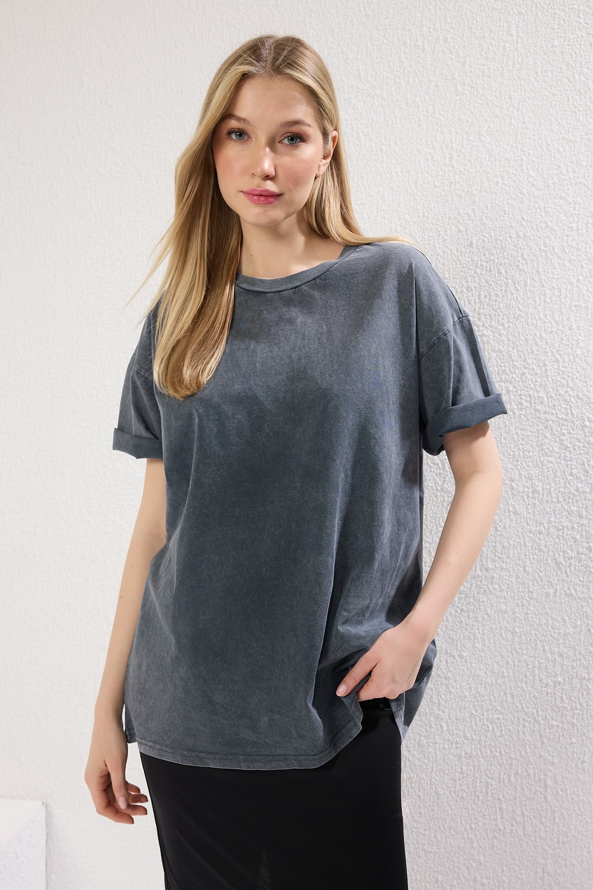 Antrasit*001 %100 Pamuk Premium Oversize/Geniş Kalıp Bisiklet Yaka Örme T-Shirt