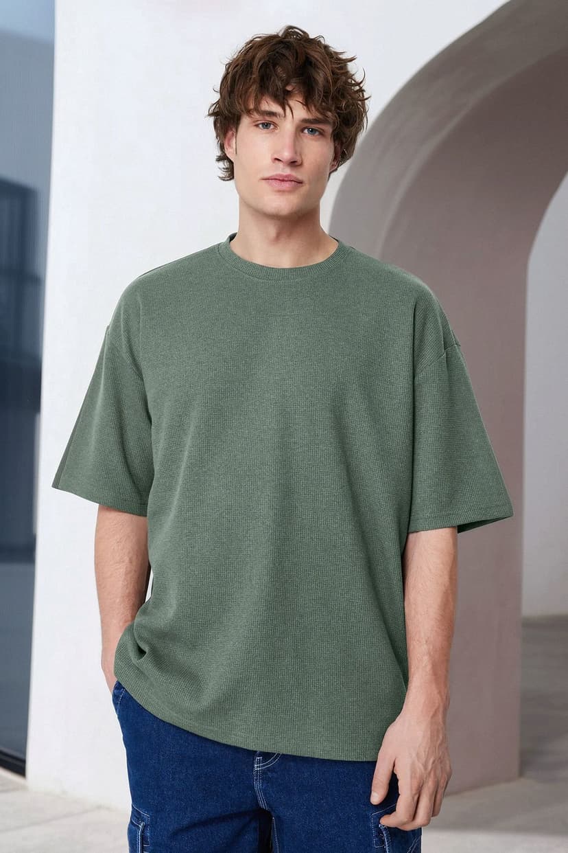 Mint Oversize/Geniş Kesim Dokulu Waffle Kısa Kol T-Shirt