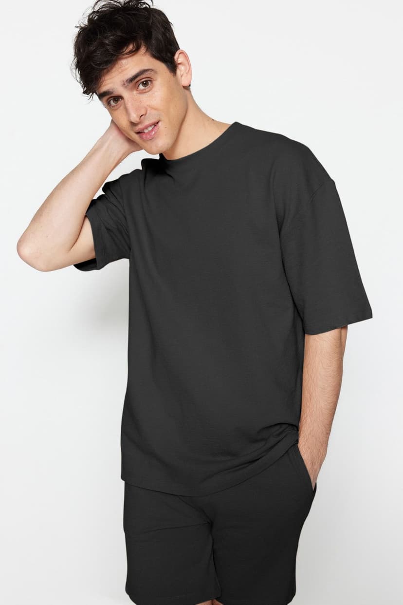Antrasit Oversize/Geniş Kesim Etiket İşlemeli Dokulu Tok T-shirt