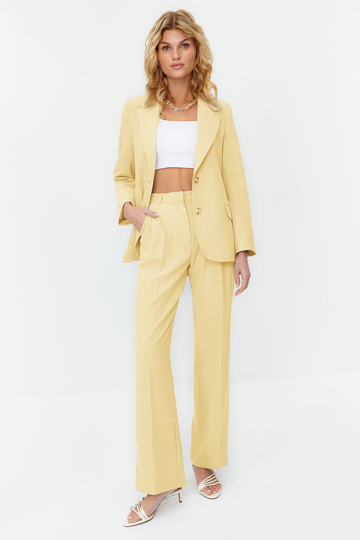 Limited Edition Sarı Straight/Düz Kesim Pilili Dokuma Kumaş Pantolon