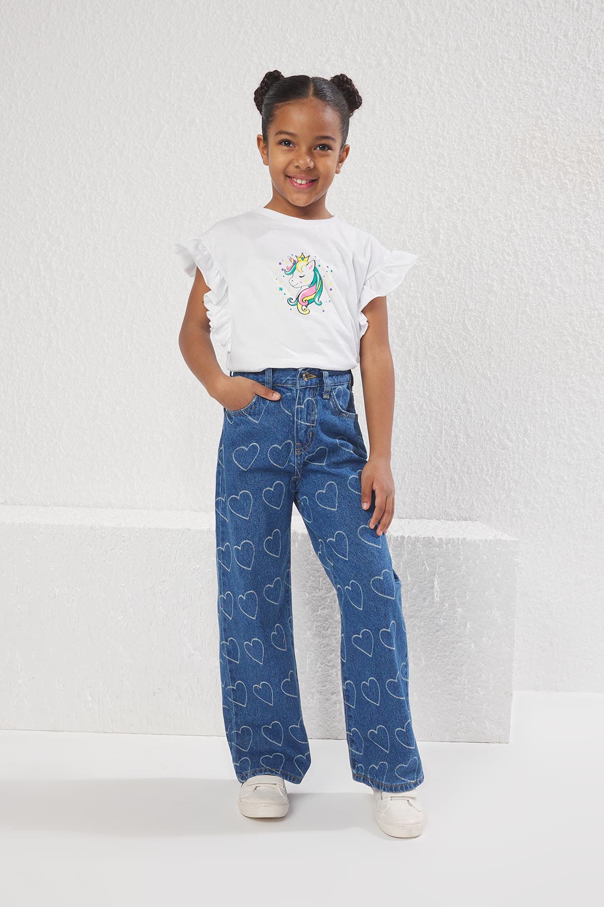 Mavi Kız Çocuk %100 Pamuk Kalp Desenli Flare Geniş Paça Jean Pantolon Denim