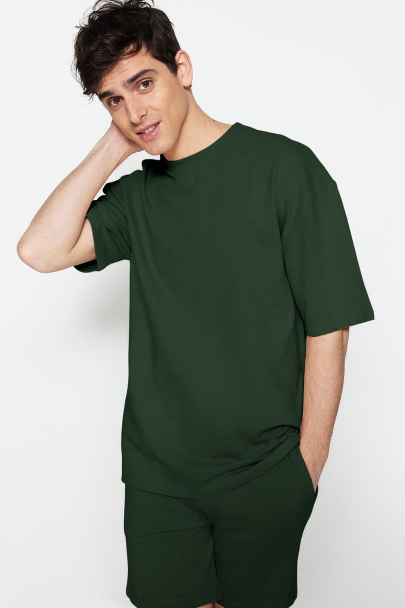 Haki Oversize/Geniş Kesim Etiket İşlemeli Dokulu Tok Kumaş T-shirt