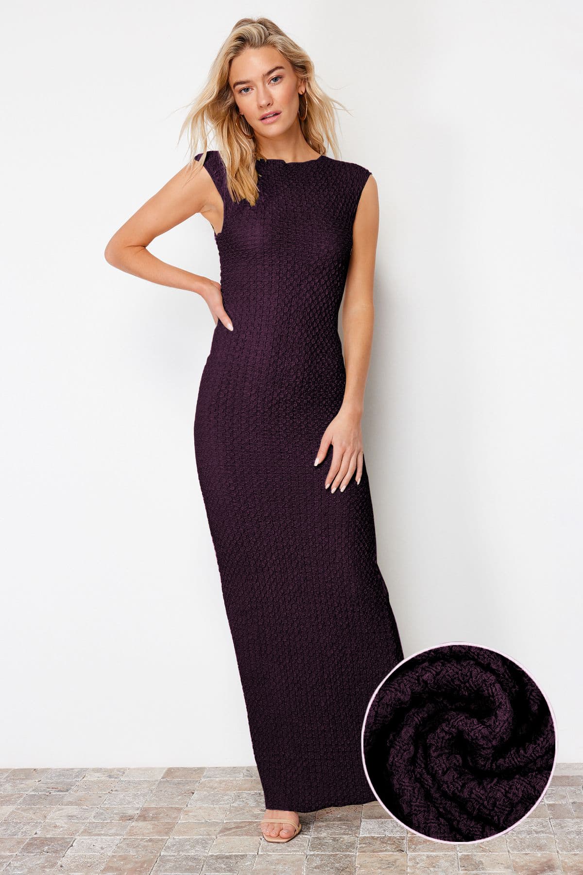 Mürdüm Dokulu Kumaş Fitted/Vücuda Oturan Ay Kol Esnek Örme Midi Kalem Elbise