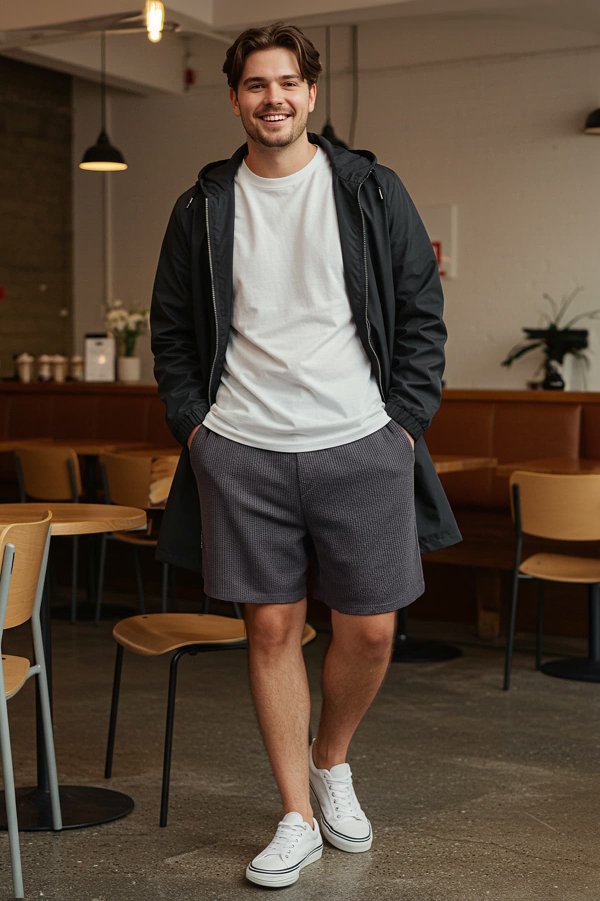 Büyük Beden Füme Oversize/Geniş Kesim Dokulu Kırışmaz Ottoman Şort