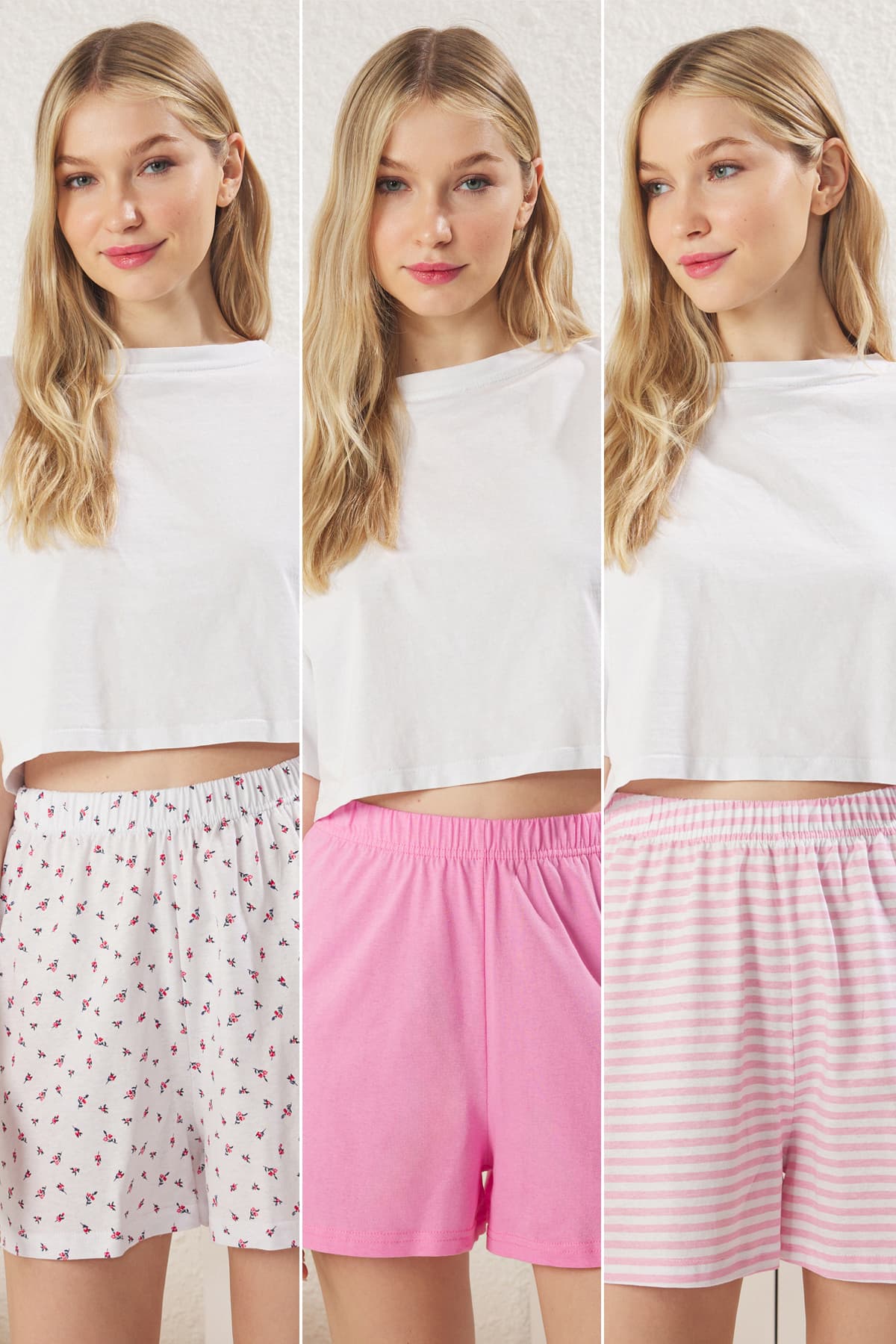 Pembe-Çok Renkli 3'lü Paket %100 Pamuklu Çiçekli ve Çizgili Örme Pijama Altı