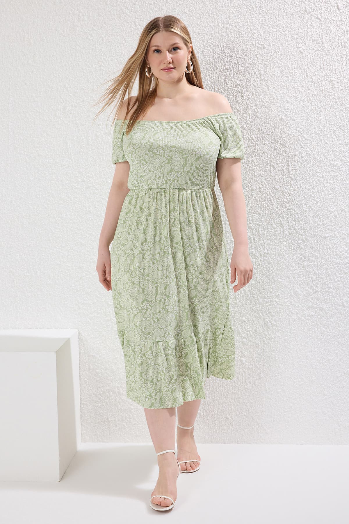 Açık Yeşil Şal Etnik Desenli A-line Maxi Boy Örme Büyük Beden Elbise