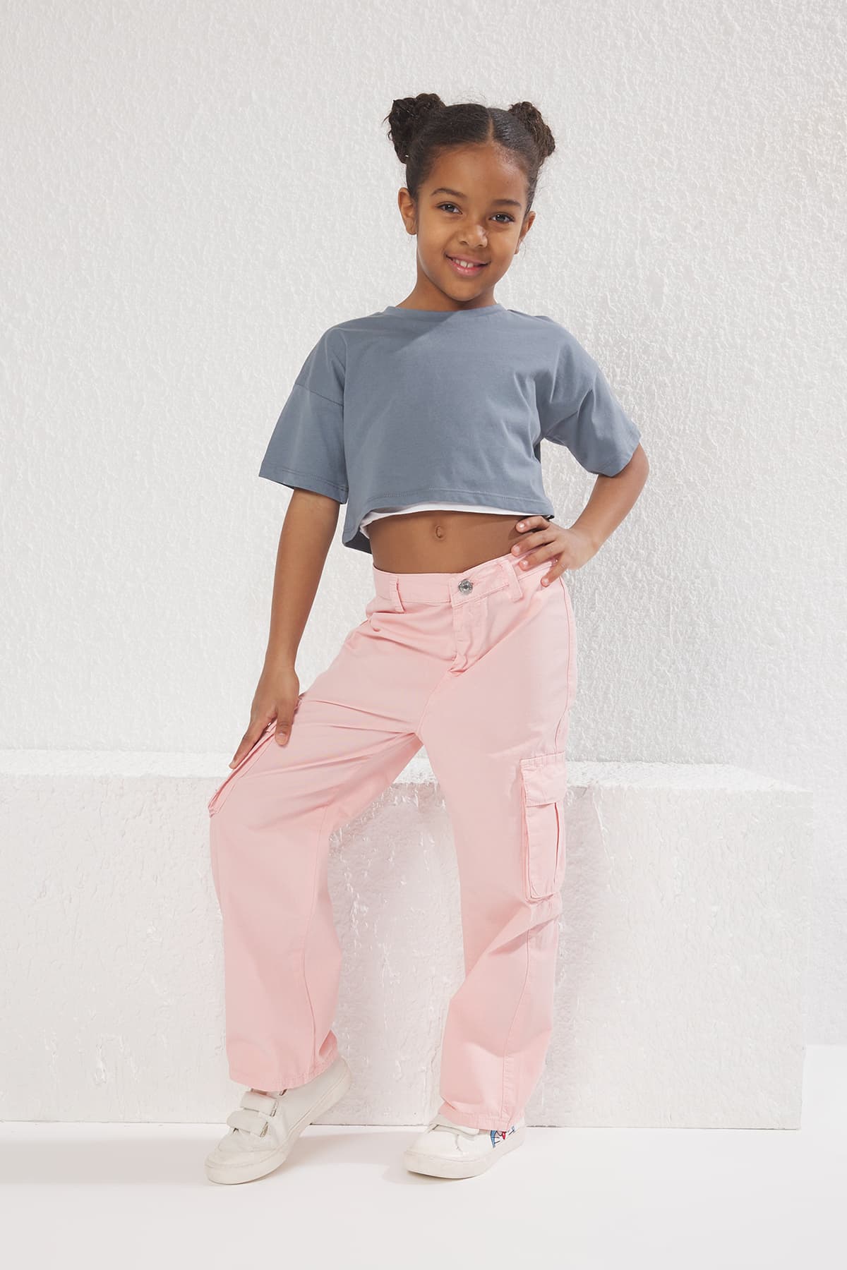 Pembe Kız Çocuk %100 Pamuk Cep Detaylı Wide Leg Denim Pantolon