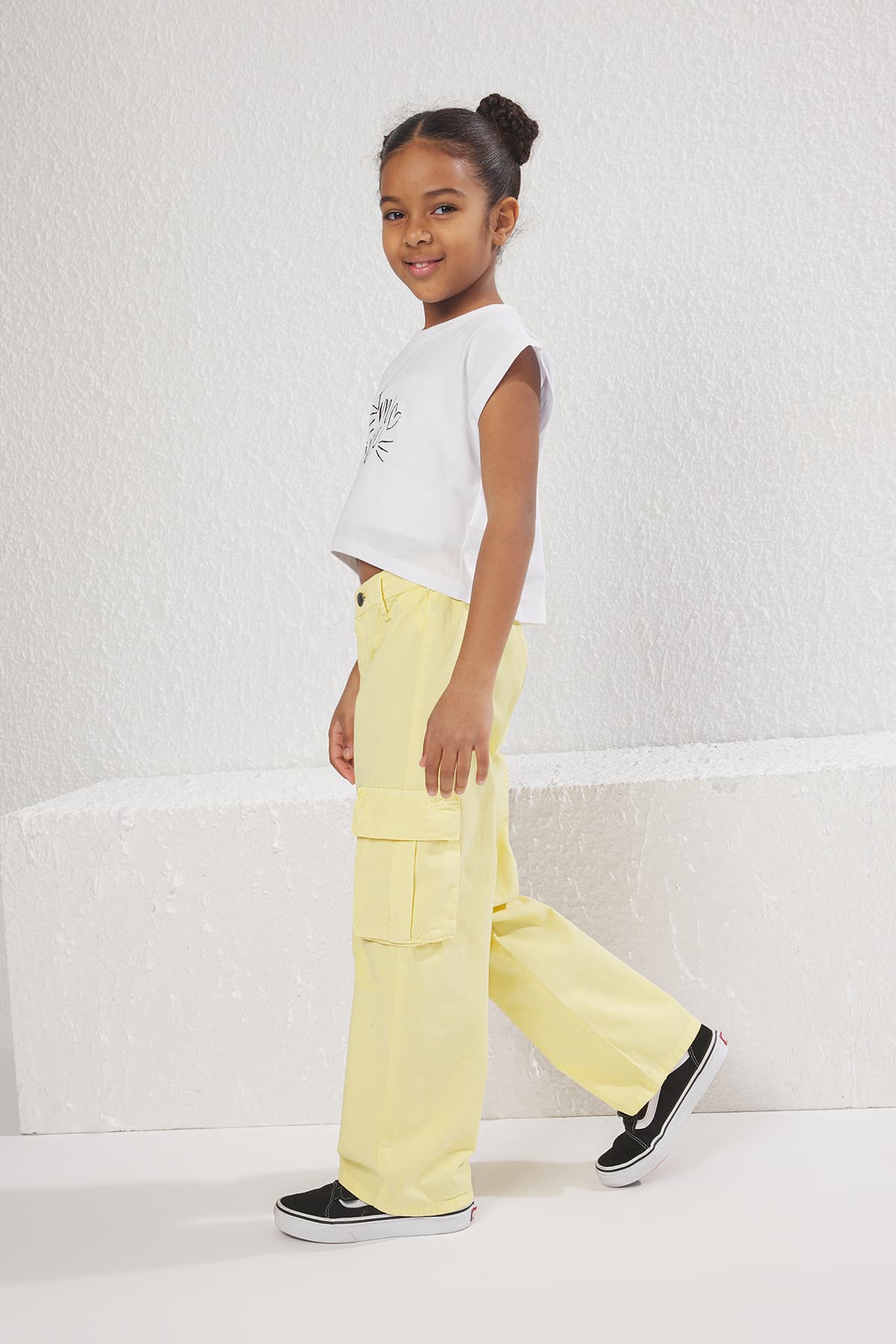 Sarı Kız Çocuk %100 Pamuk Cep Detaylı Wide Leg Denim Pantolon