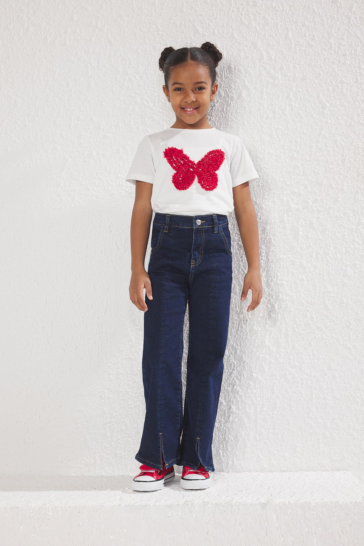 Koyu Mavi Kız Çocuk Geniş Paça/Flare Denim Jeans